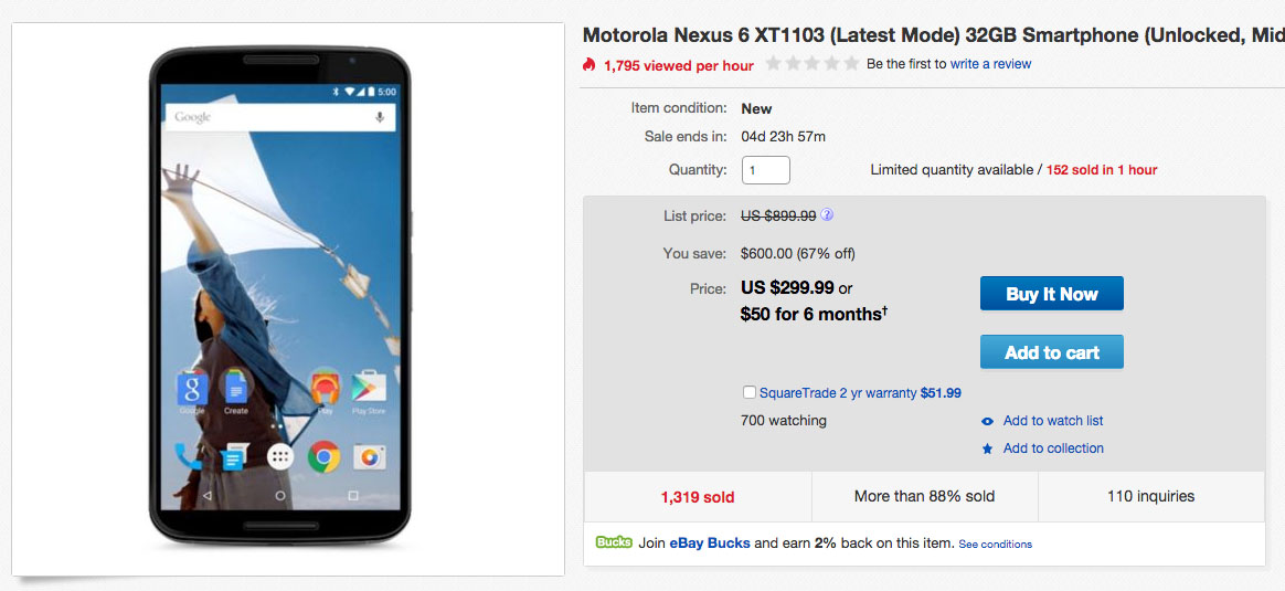 Deal:  Nexus 6 is Back on eBay for $299