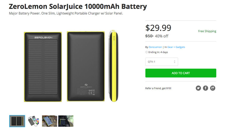 Deal: ZeroLemon SolarJuice 10,000mAh Battery Pack for $29.99