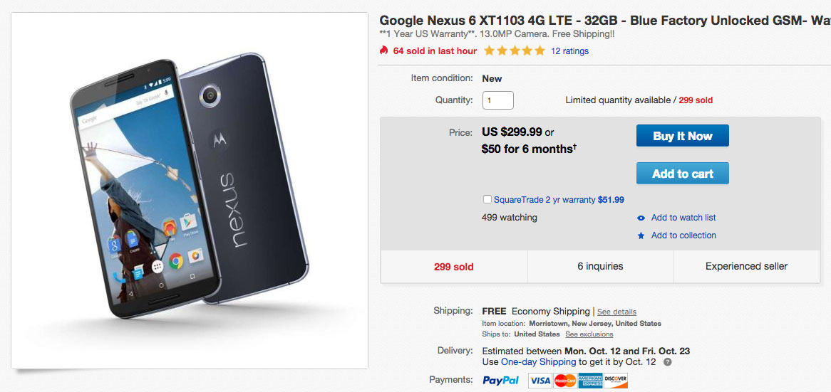 Deal:  Nexus 6 is Back (Again) on eBay for $299