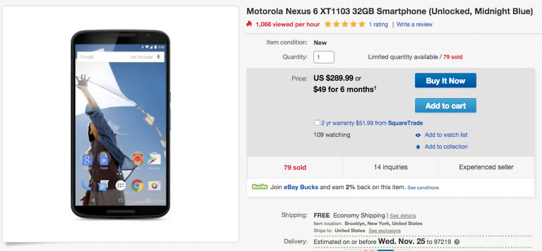 DEAL:  Nexus 6 32GB Once Again Back at eBay for $289