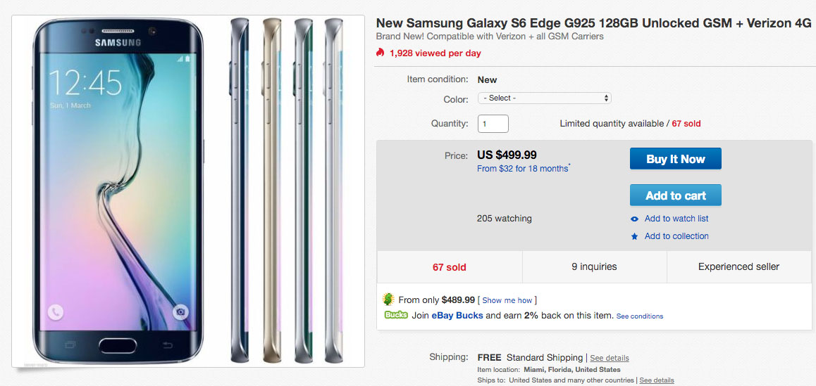 DEAL:  128GB Verizon Galaxy S6 Edge for $499