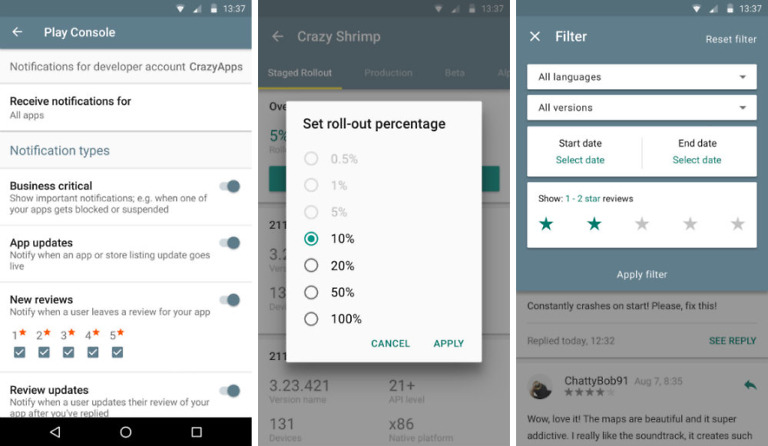 Google Play Developer Console App Updated With Review Notifications, Staged Rollout Controls