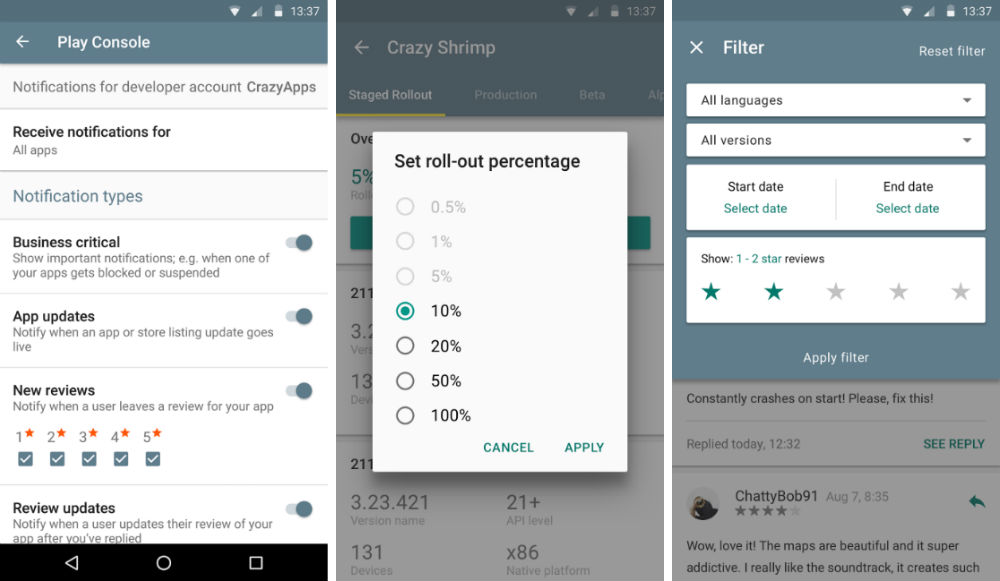 Google Play Developer Console App Updated With Review Notifications, Staged Rollout Controls