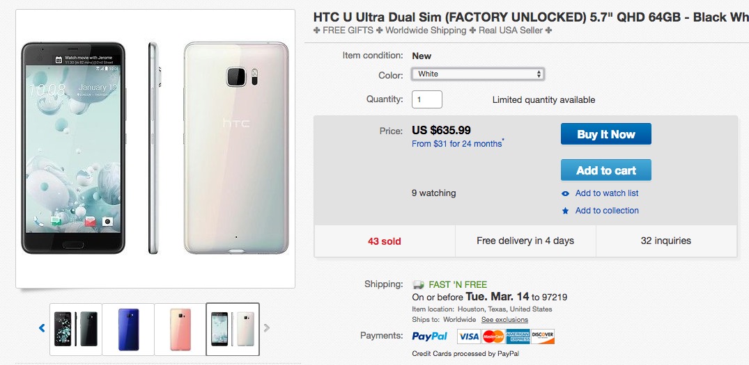 DEAL: HTC U Ultra is Just $635.99 at eBay ($113 Off)