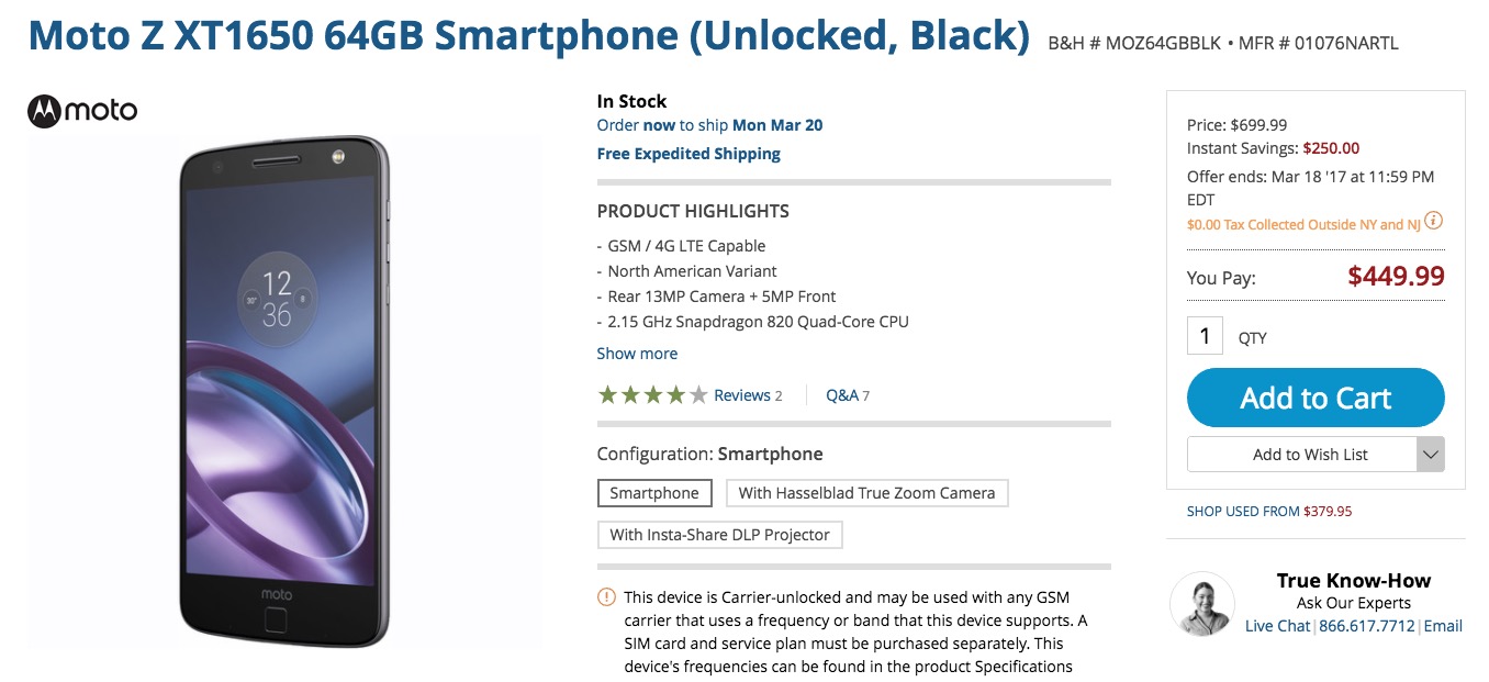 DEAL: Unlocked Moto Z Drops to $449 at B&H Photo ($250 Off)